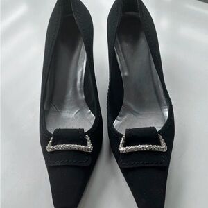 Stuart Weitzman Black Pointed Toe Heels with Rhinestone Buckle
